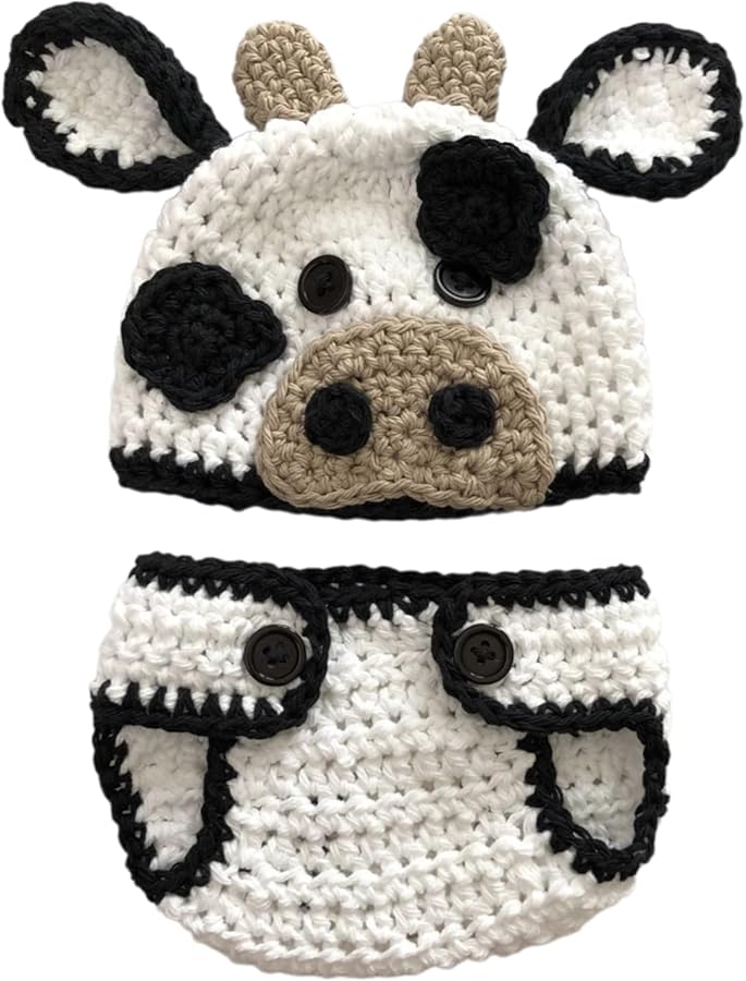 Crochet Cow Hat Shorts Outfit Set Newborn Photography Animal Costume Photo Props - Image 1